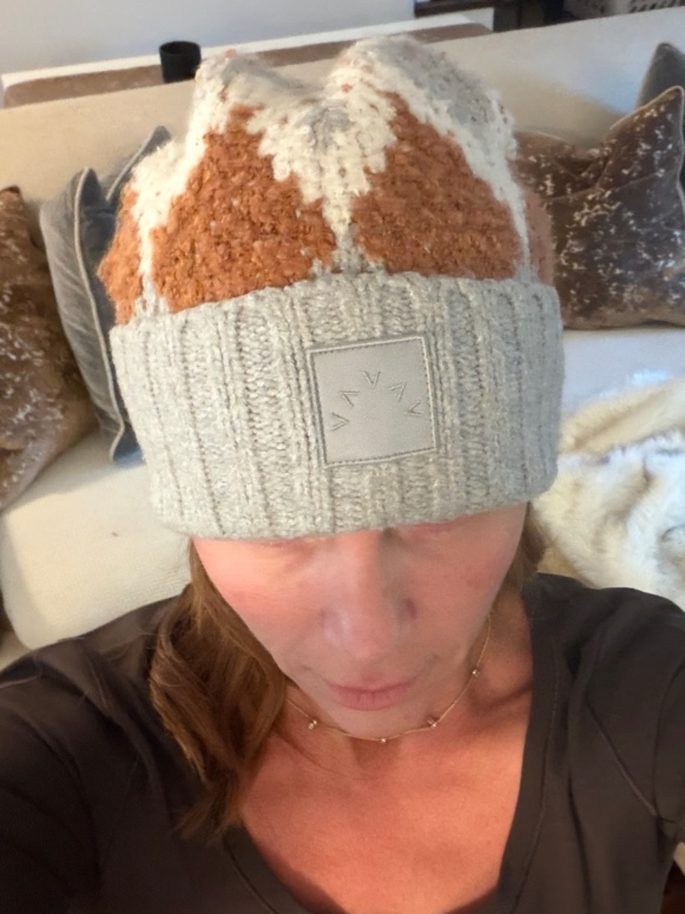 Varley Two-Tone Knit Beanie in Cream and Brown
